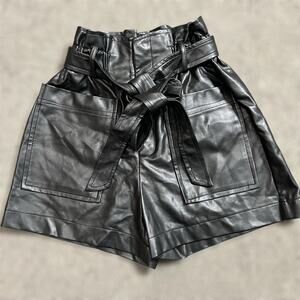 Beige Botany Faux Leather Shorts Small Women Black Paperbag Elastic Waist Belted